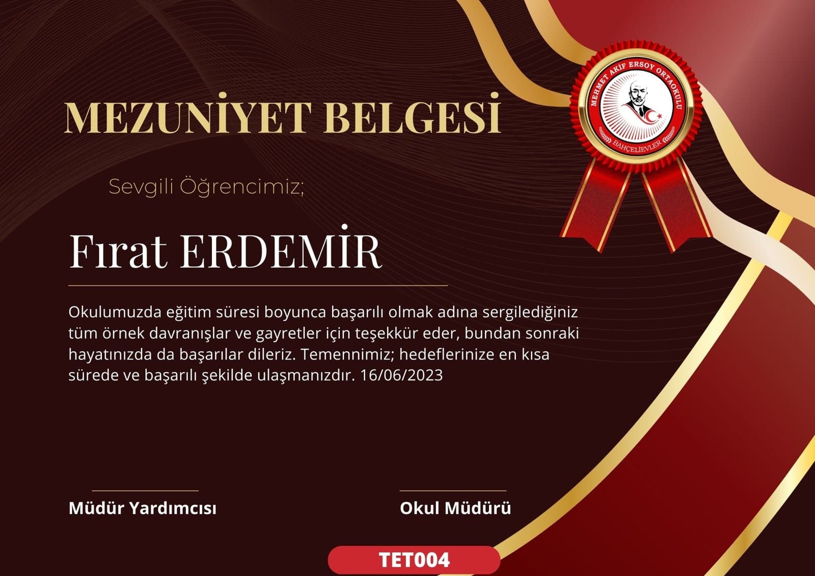 TET004 Bordo Gece mezuniyet sertifikası