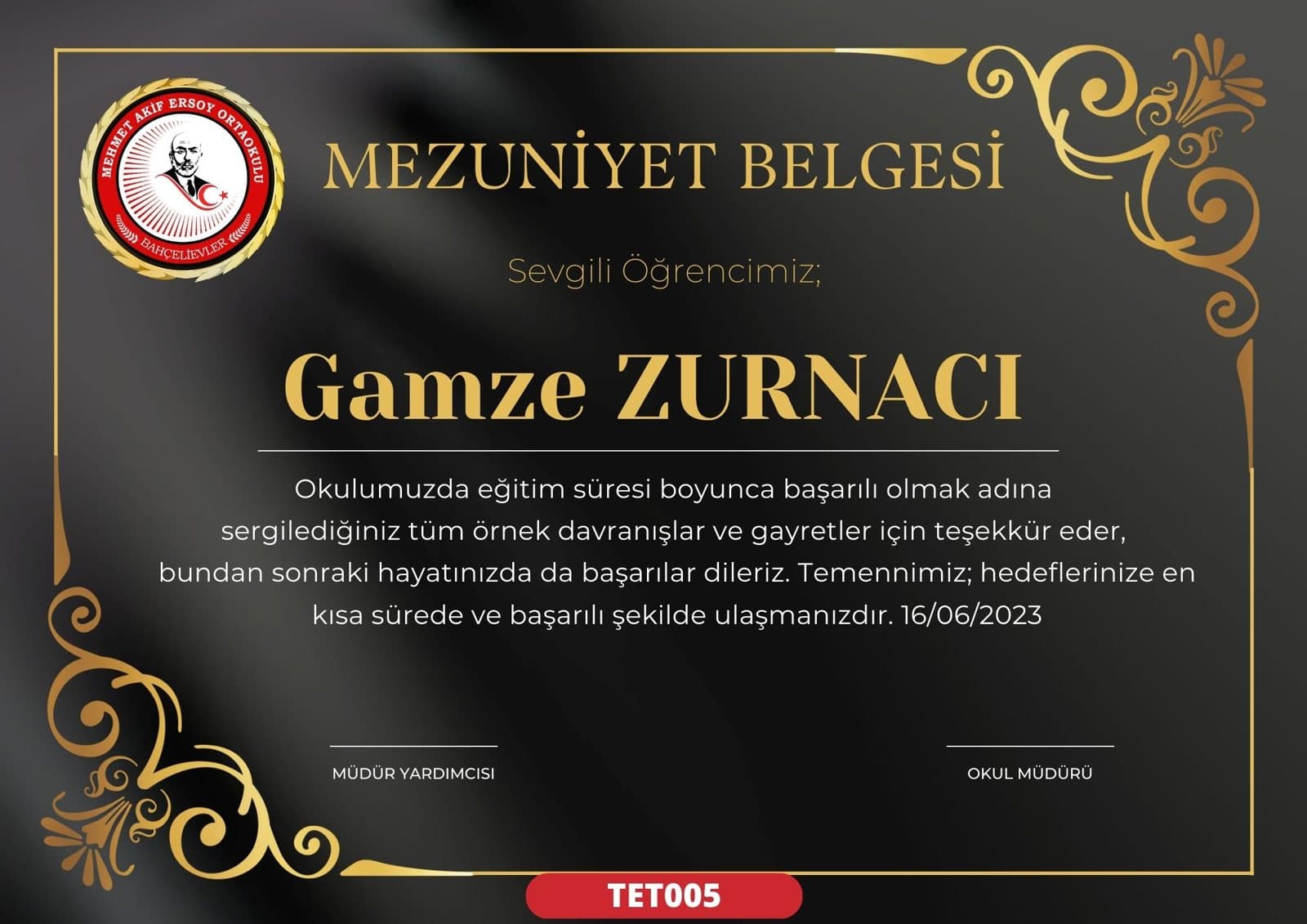 TET005 Siyah İnci mezuniyet sertifikası