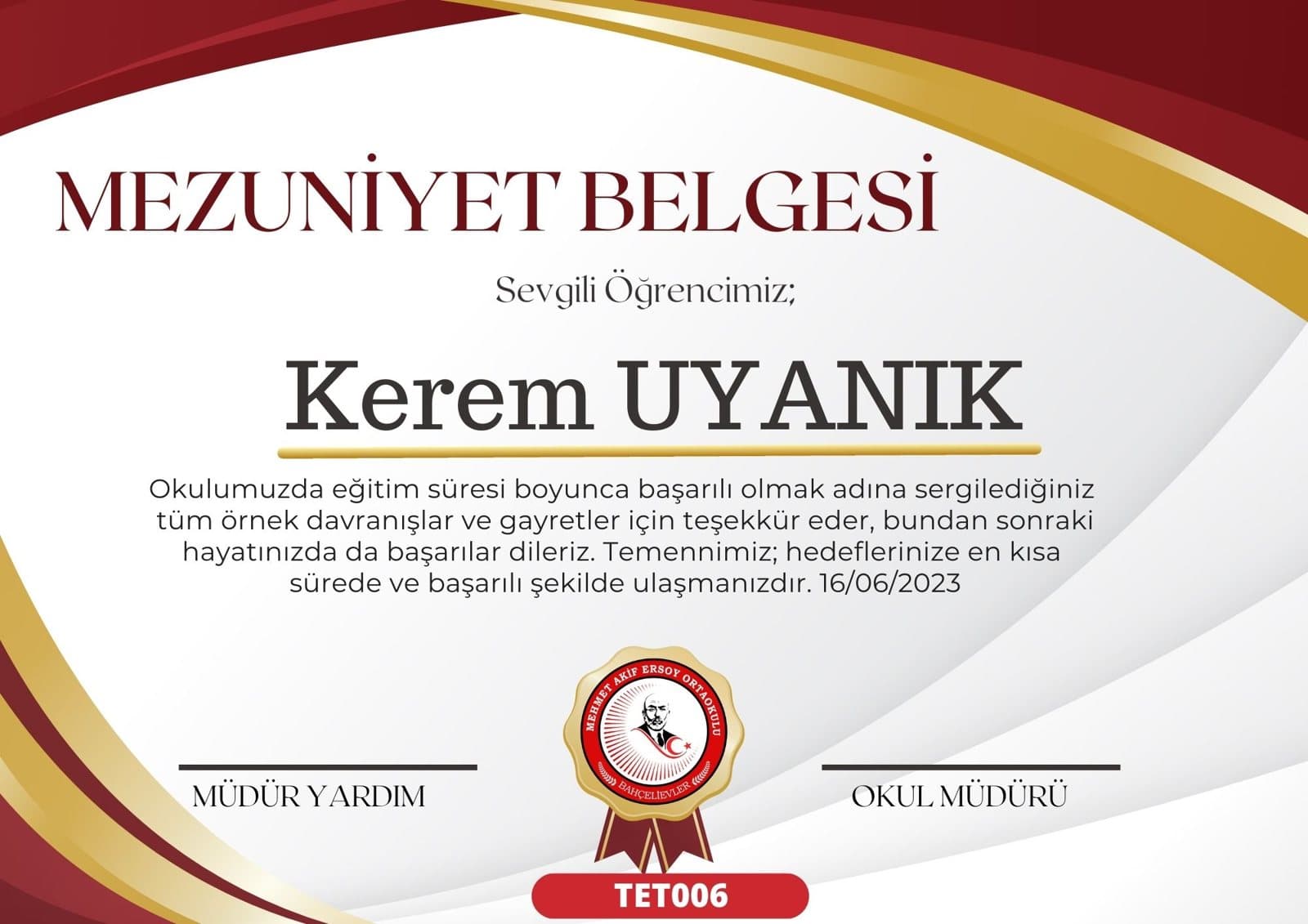 TET006 Kızıl Kurdele mezuniyet sertifikası