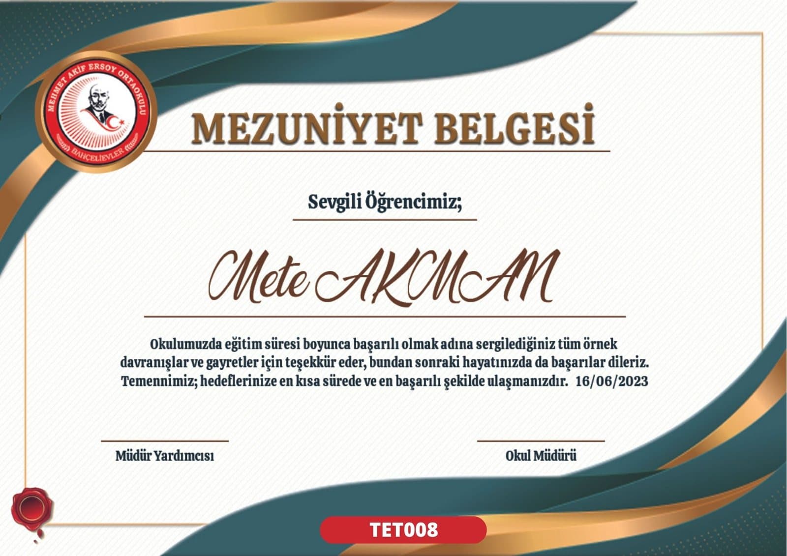 TET008 Petrol Saten mezuniyet sertifikası