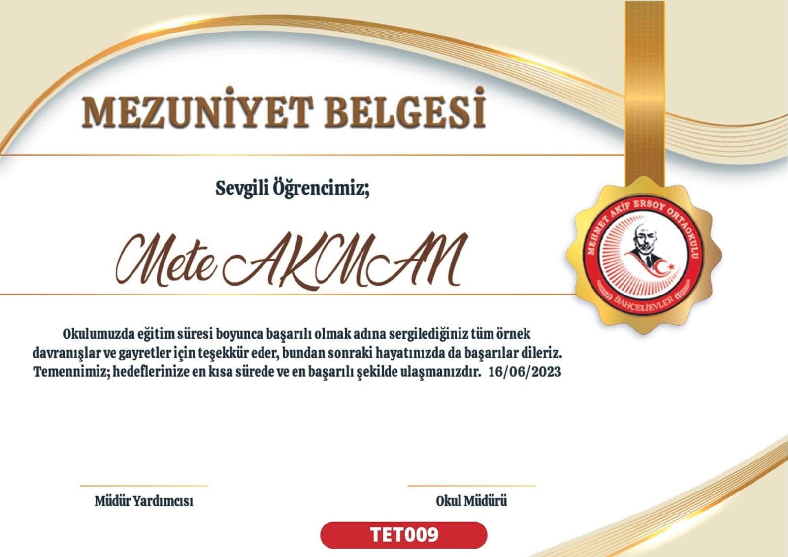 TET009 Krem Zarafet mezuniyet sertifikası