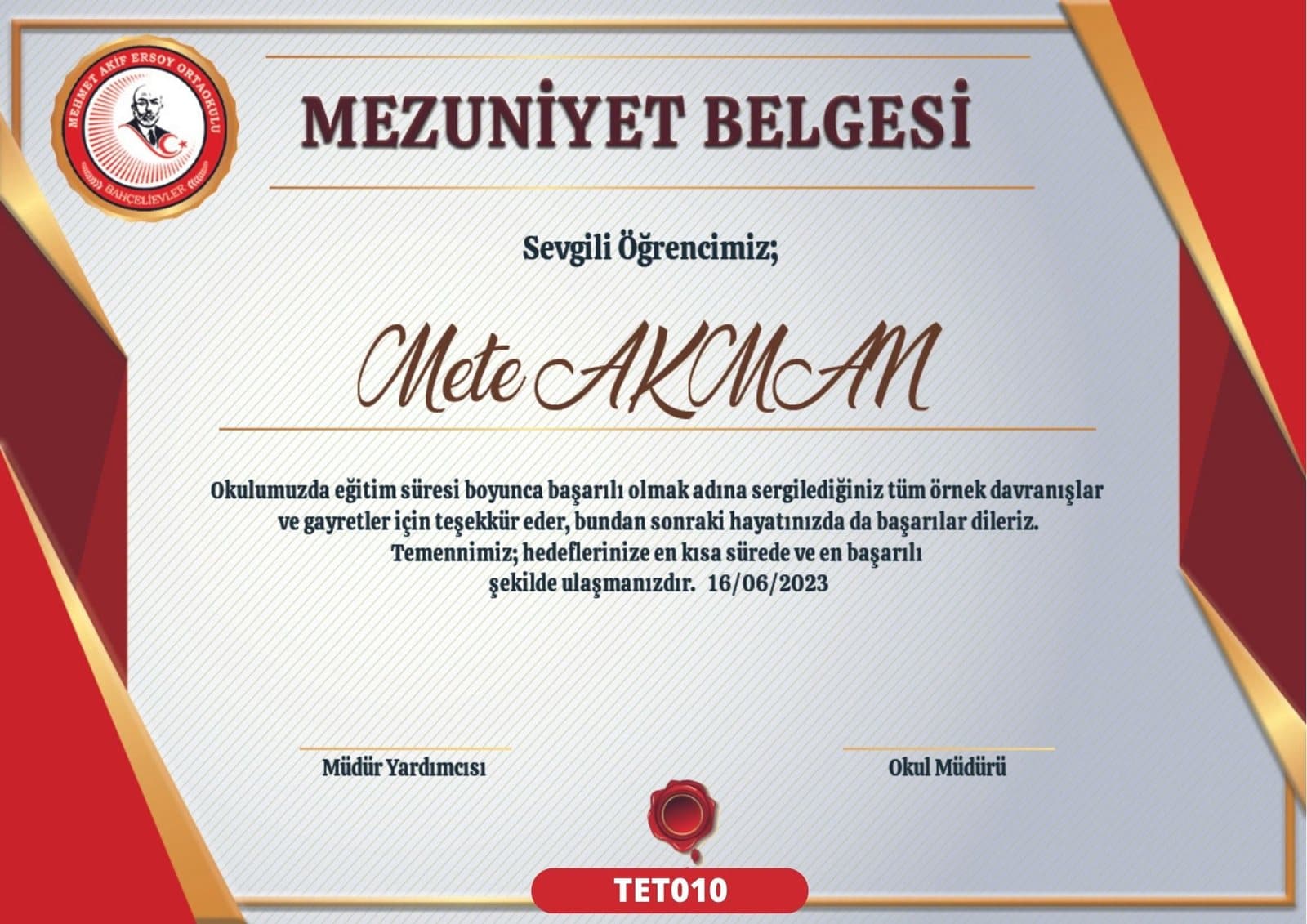 TET010 Al Sancak mezuniyet sertifikası