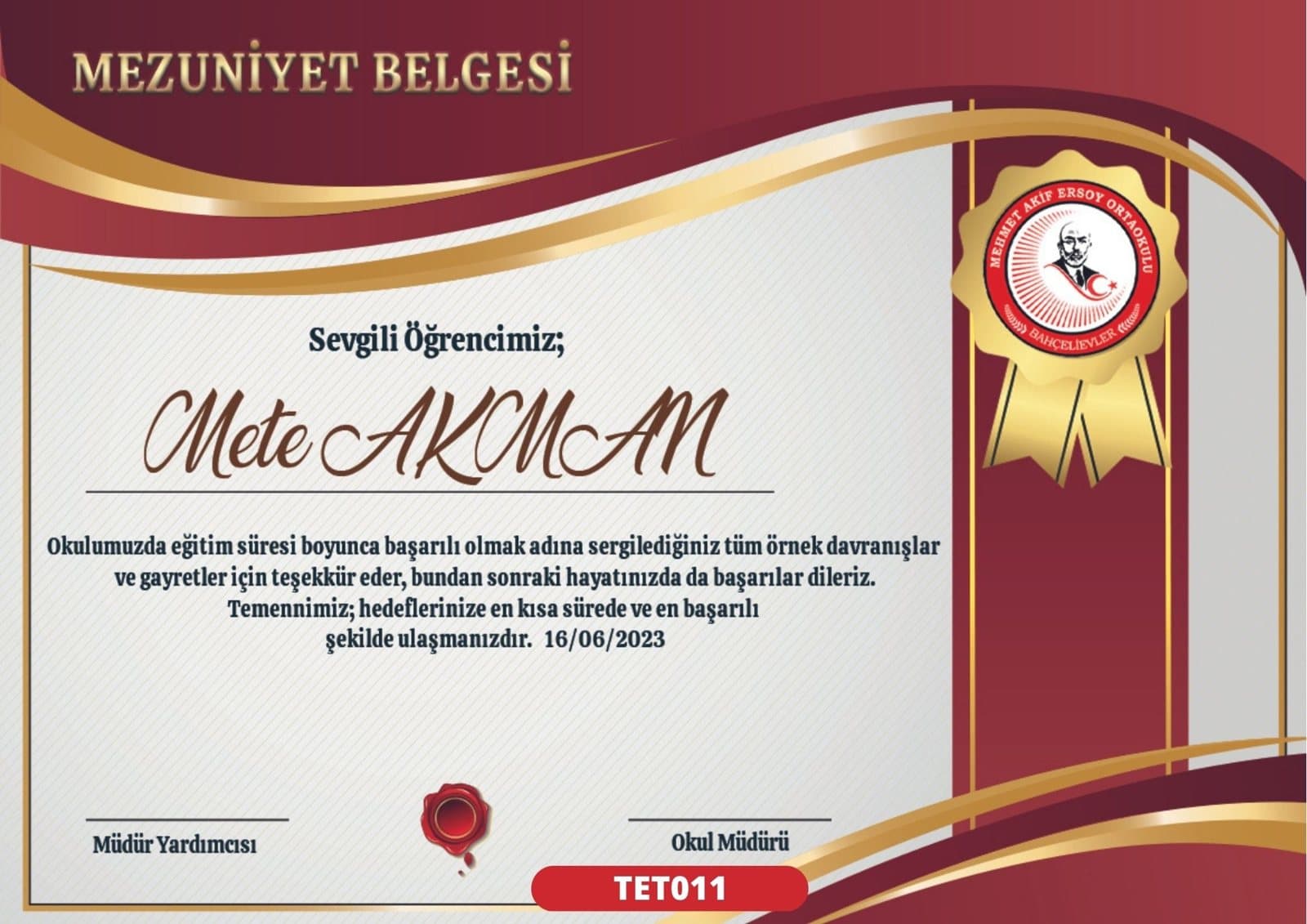 TET011 Bordo Çerçeve mezuniyet sertifikası