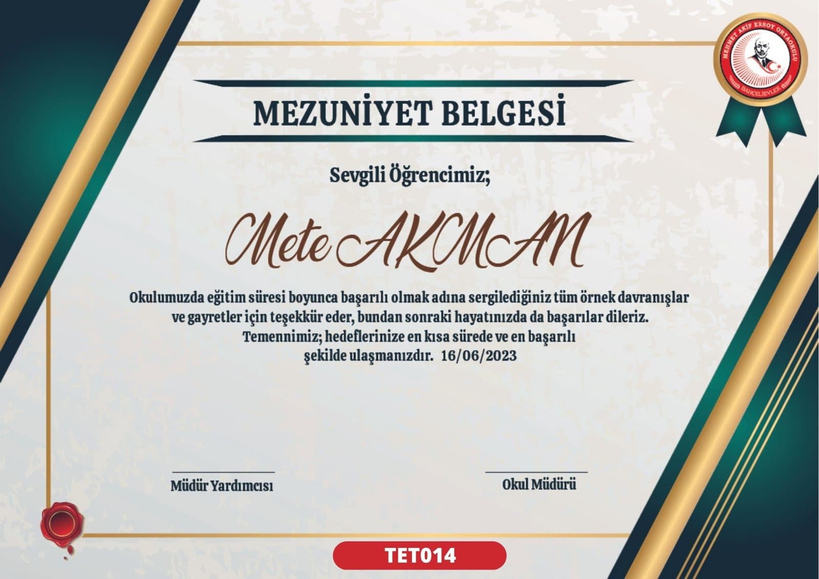 TET014 Orman Yeşili mezuniyet sertifikası