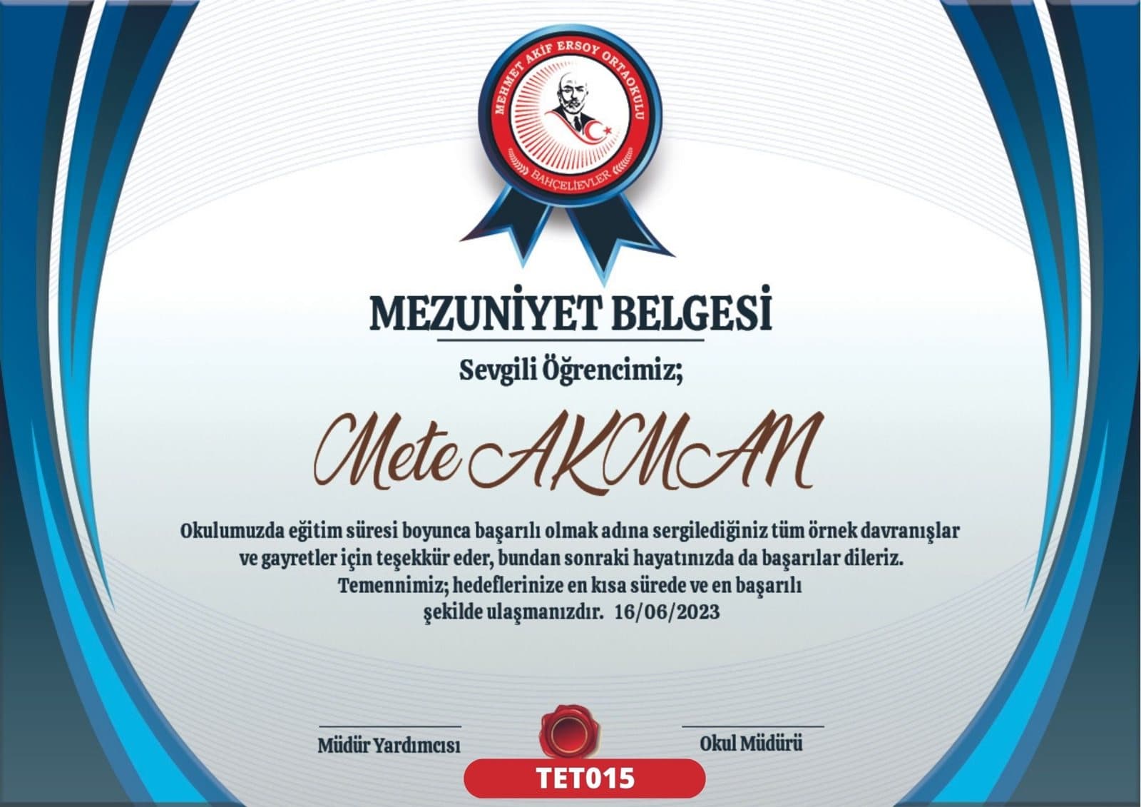 TET015 Mavi Madalyon mezuniyet sertifikası