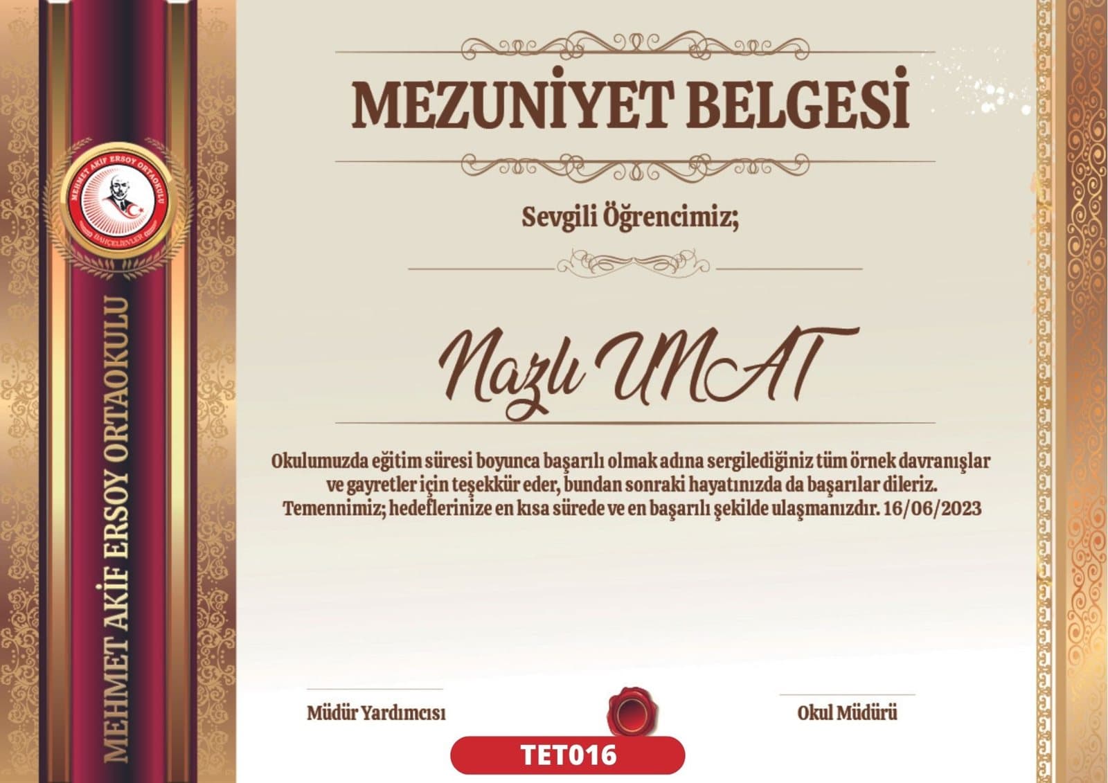 TET016 Antik Bordo mezuniyet sertifikası