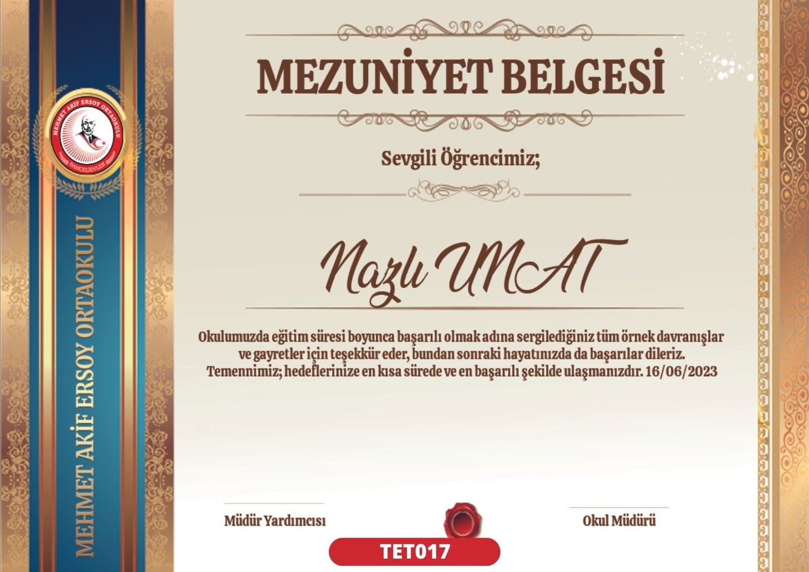 TET017 Antik Mavi mezuniyet sertifikası