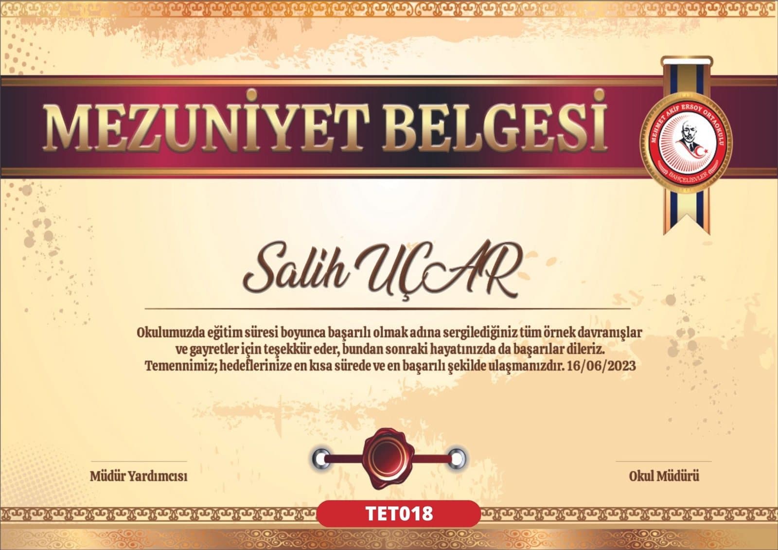 TET018 Parşömen mezuniyet sertifikası