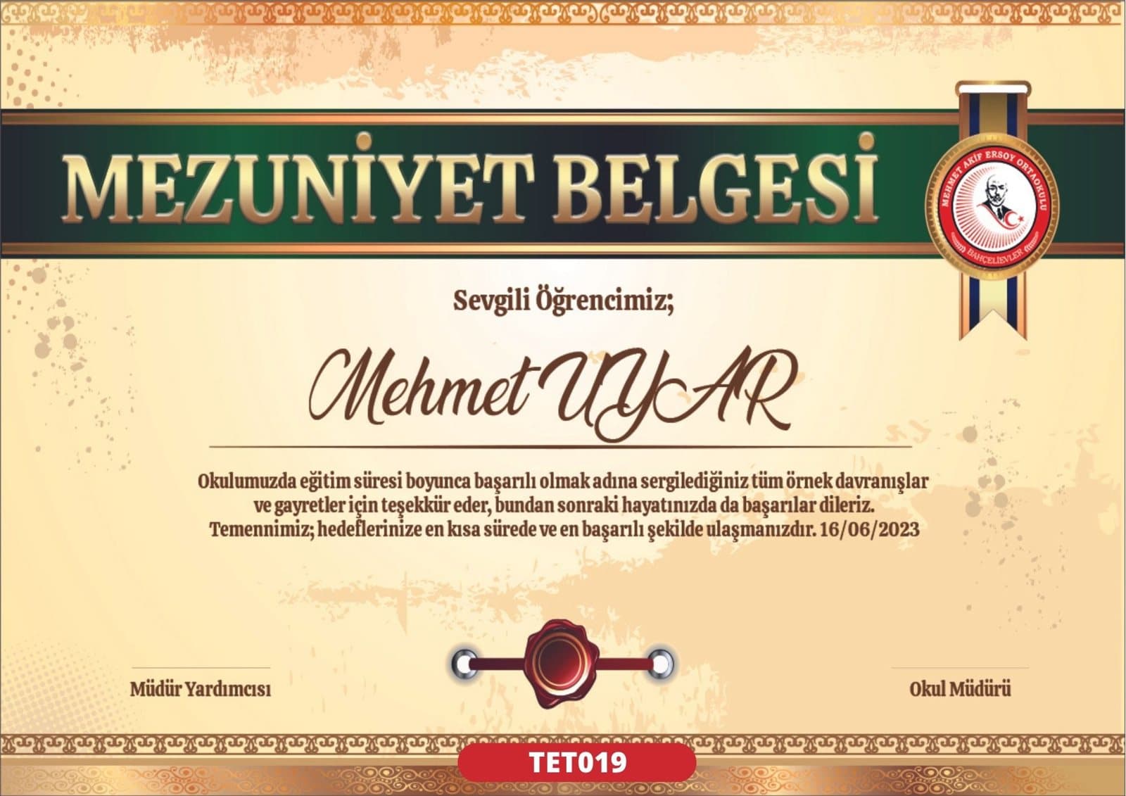 TET019 Eski Dünya Yeşil mezuniyet sertifikası
