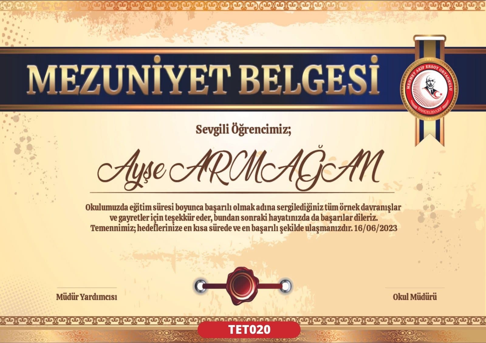 TET020 Eski Dünya Lacivert mezuniyet sertifikası