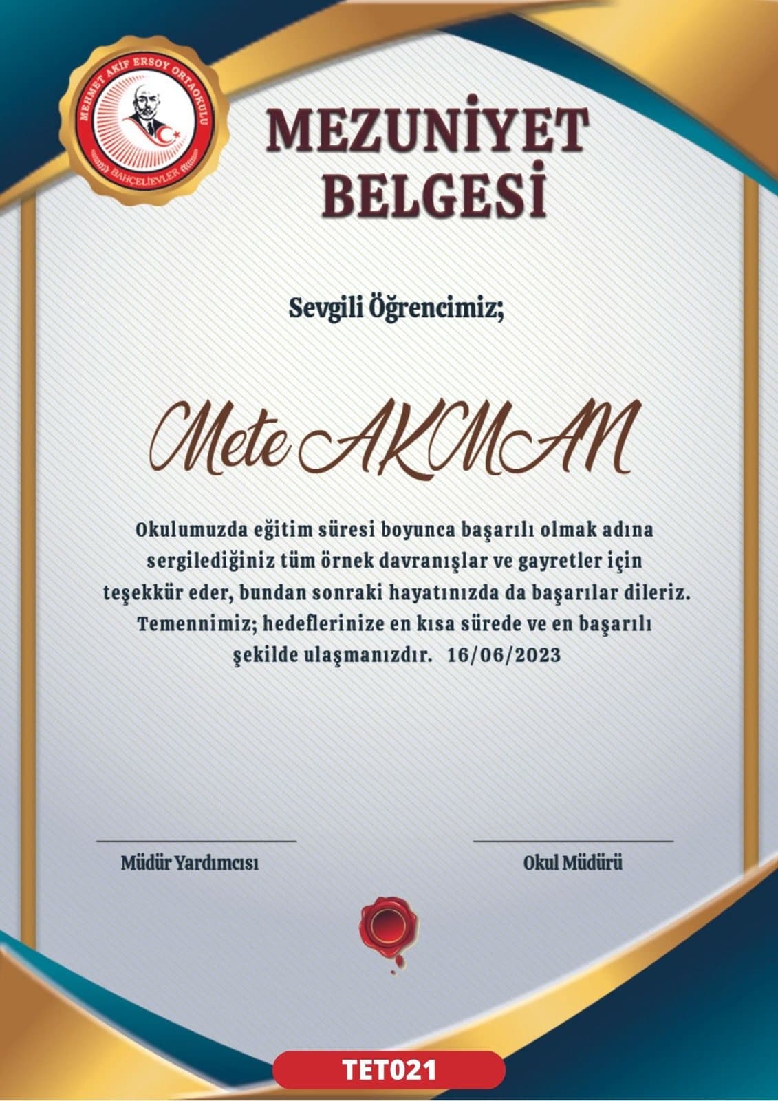 TET021 Dikey Altın mezuniyet sertifikası