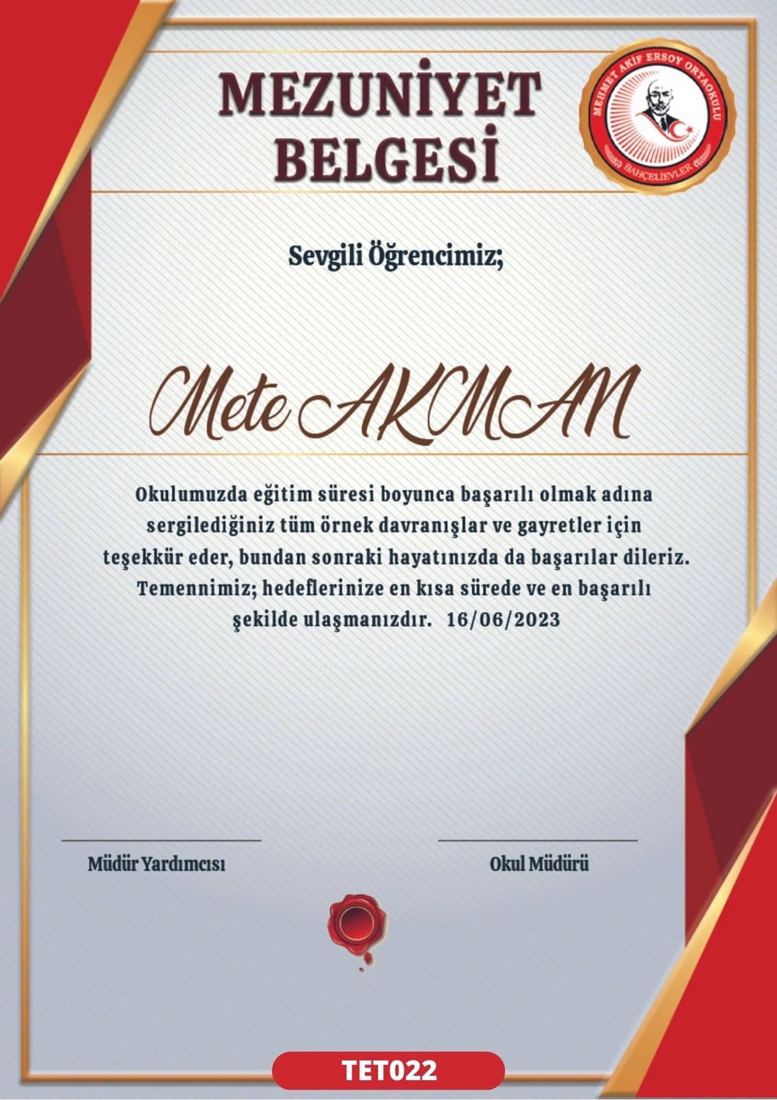 TET022 Dikey Al mezuniyet sertifikası