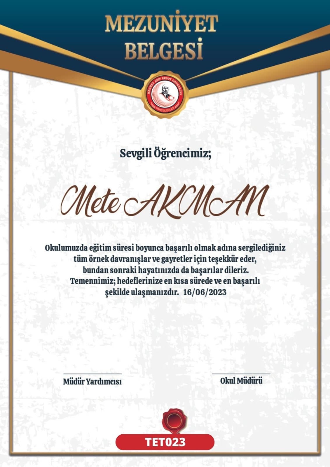 TET023 Dikey Saray mezuniyet sertifikası