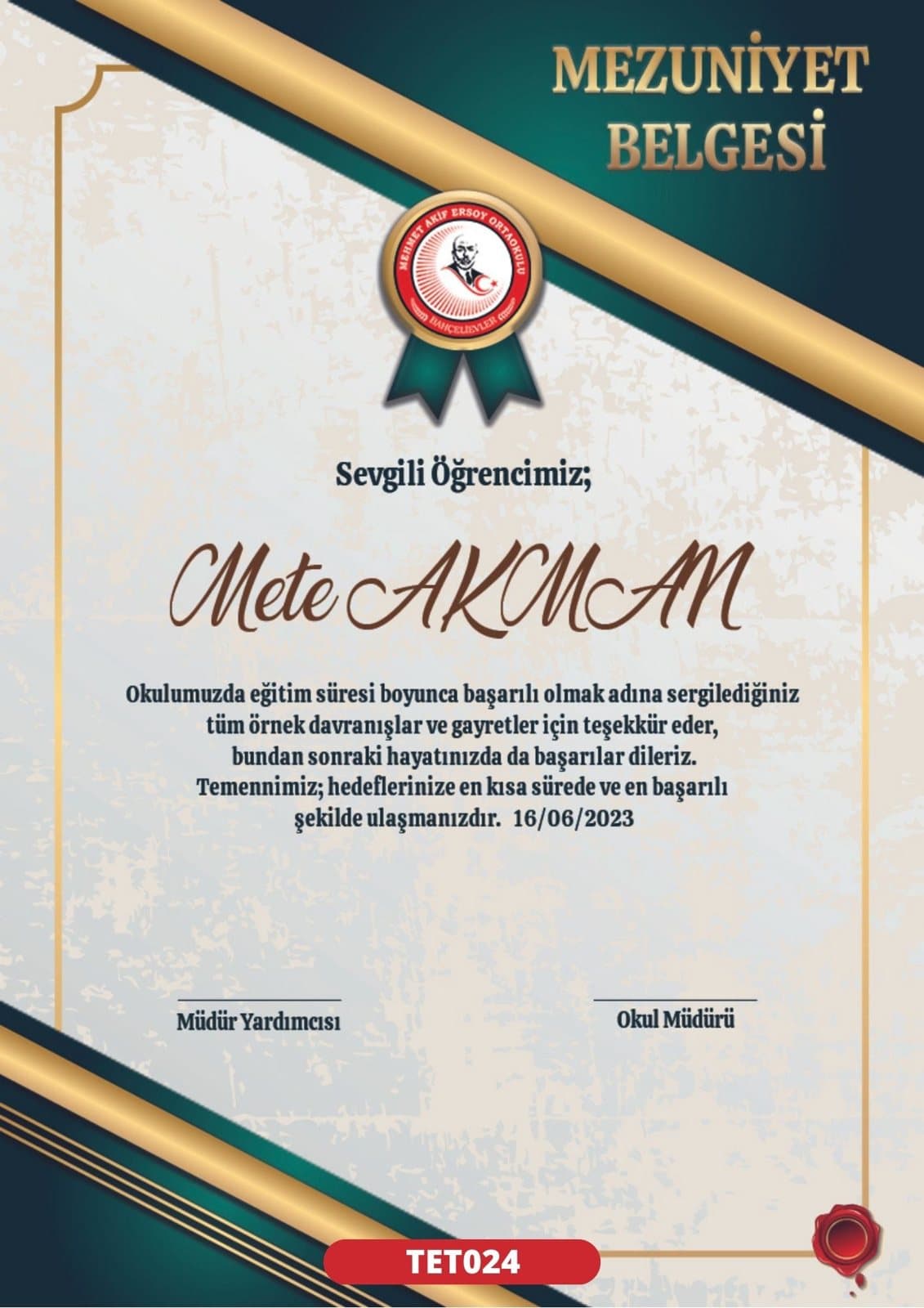 TET024 Dikey Orman mezuniyet sertifikası