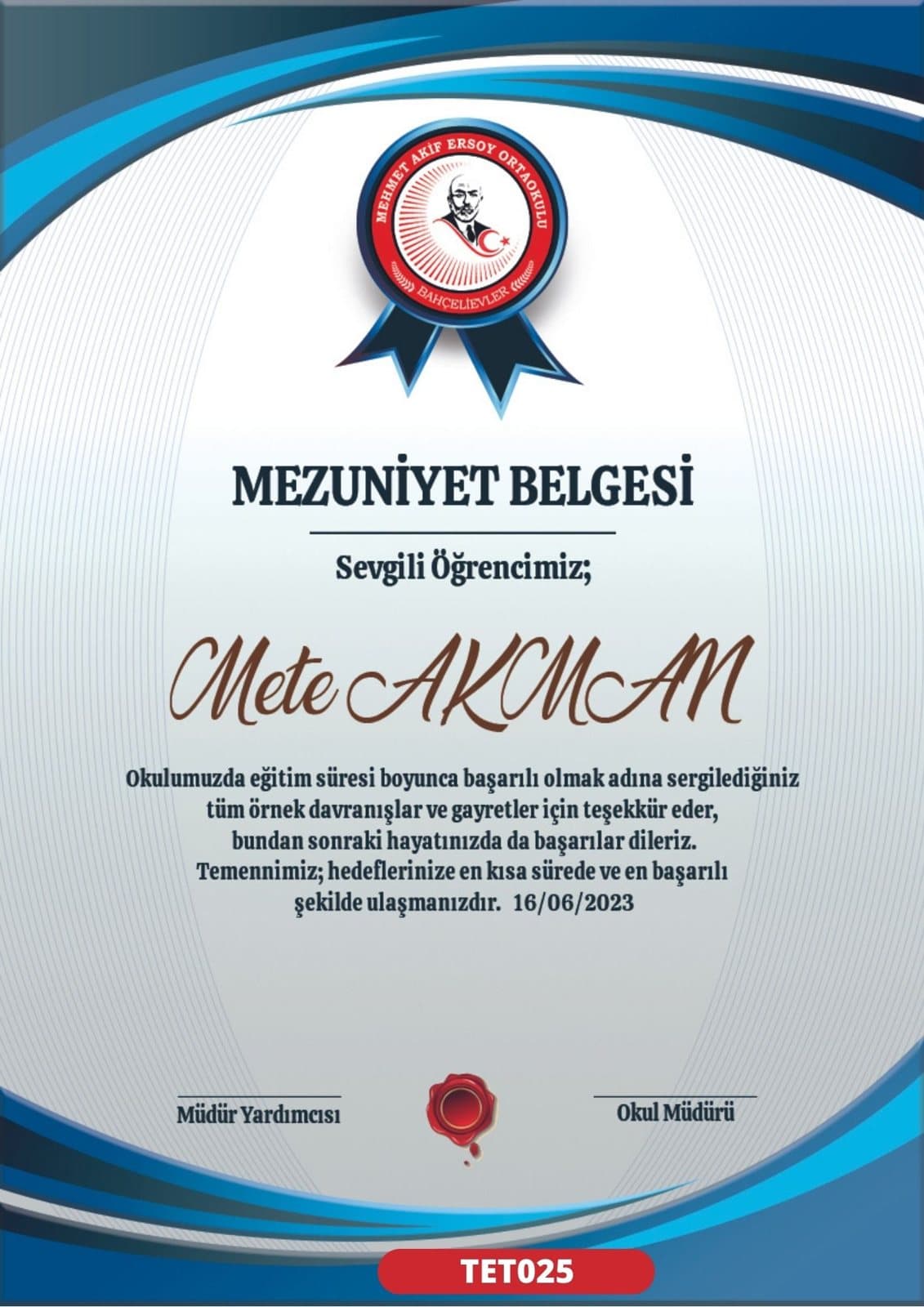 TET025 Dikey Okyanus mezuniyet sertifikası