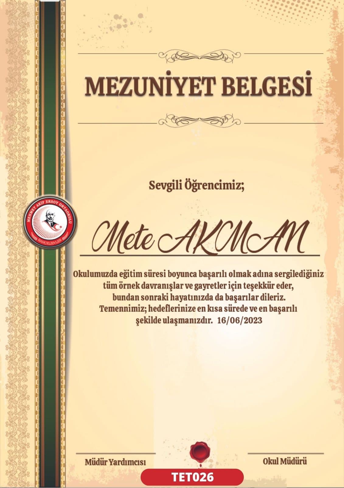 TET026 Dikey Parşömen mezuniyet sertifikası