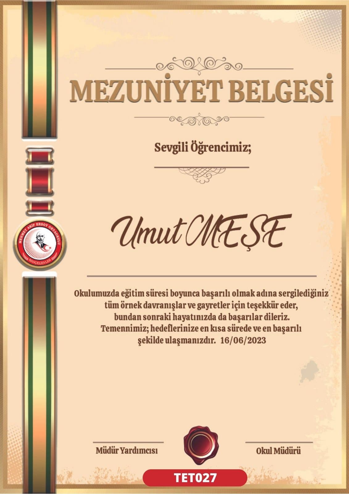 TET027 Dikey Antik mezuniyet sertifikası