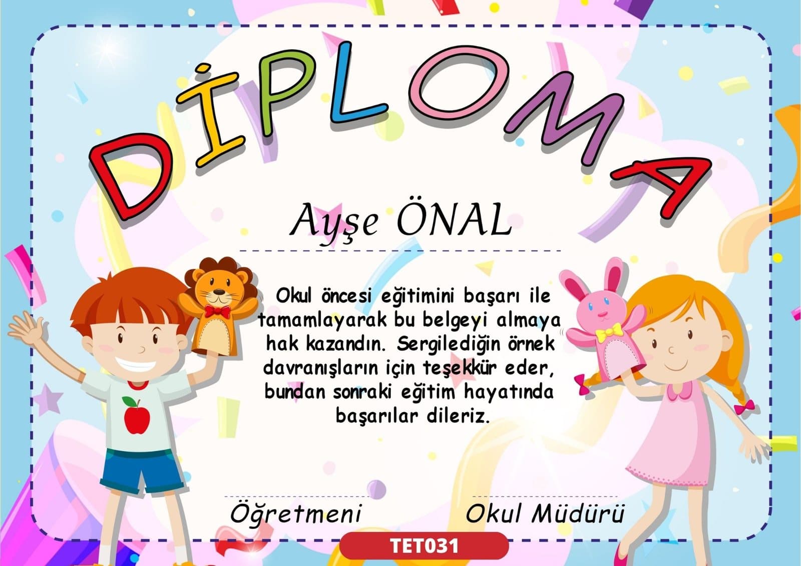 TET031 Neşeli Dostlar mezuniyet sertifikası
