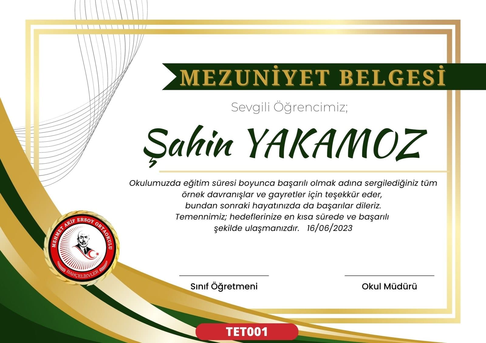 TET001 Zümrüt Yaldız mezuniyet sertifikası