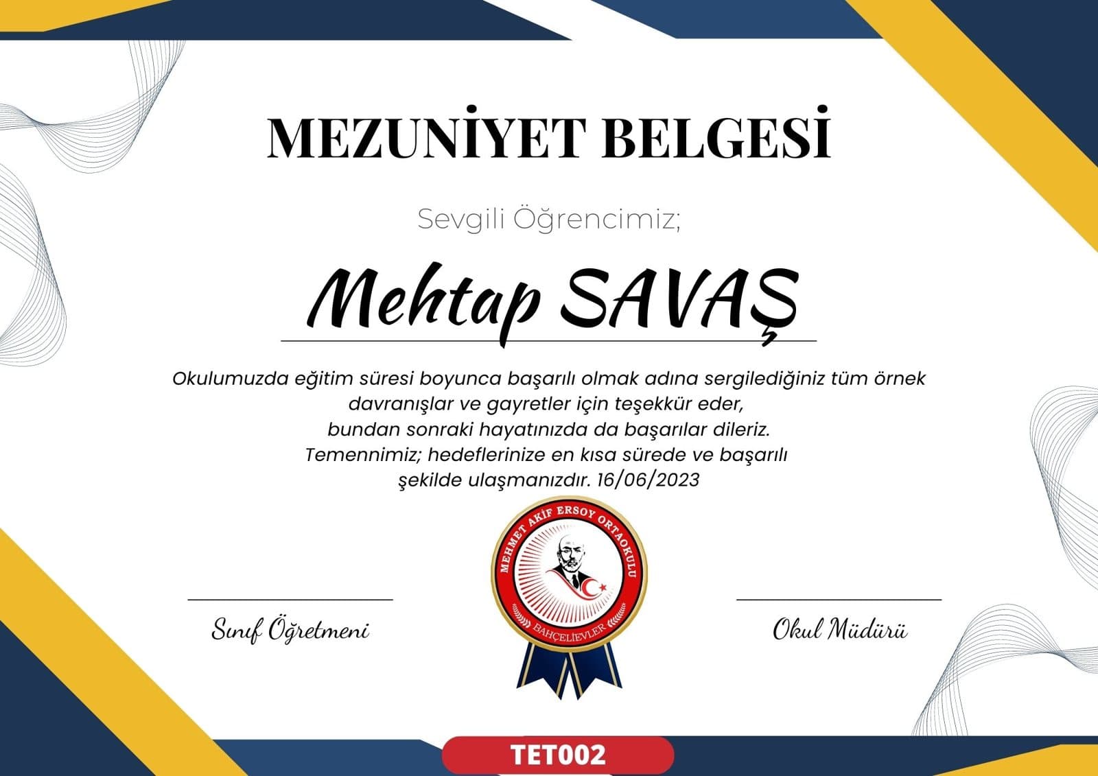 TET002 Lacivert Saray mezuniyet sertifikası