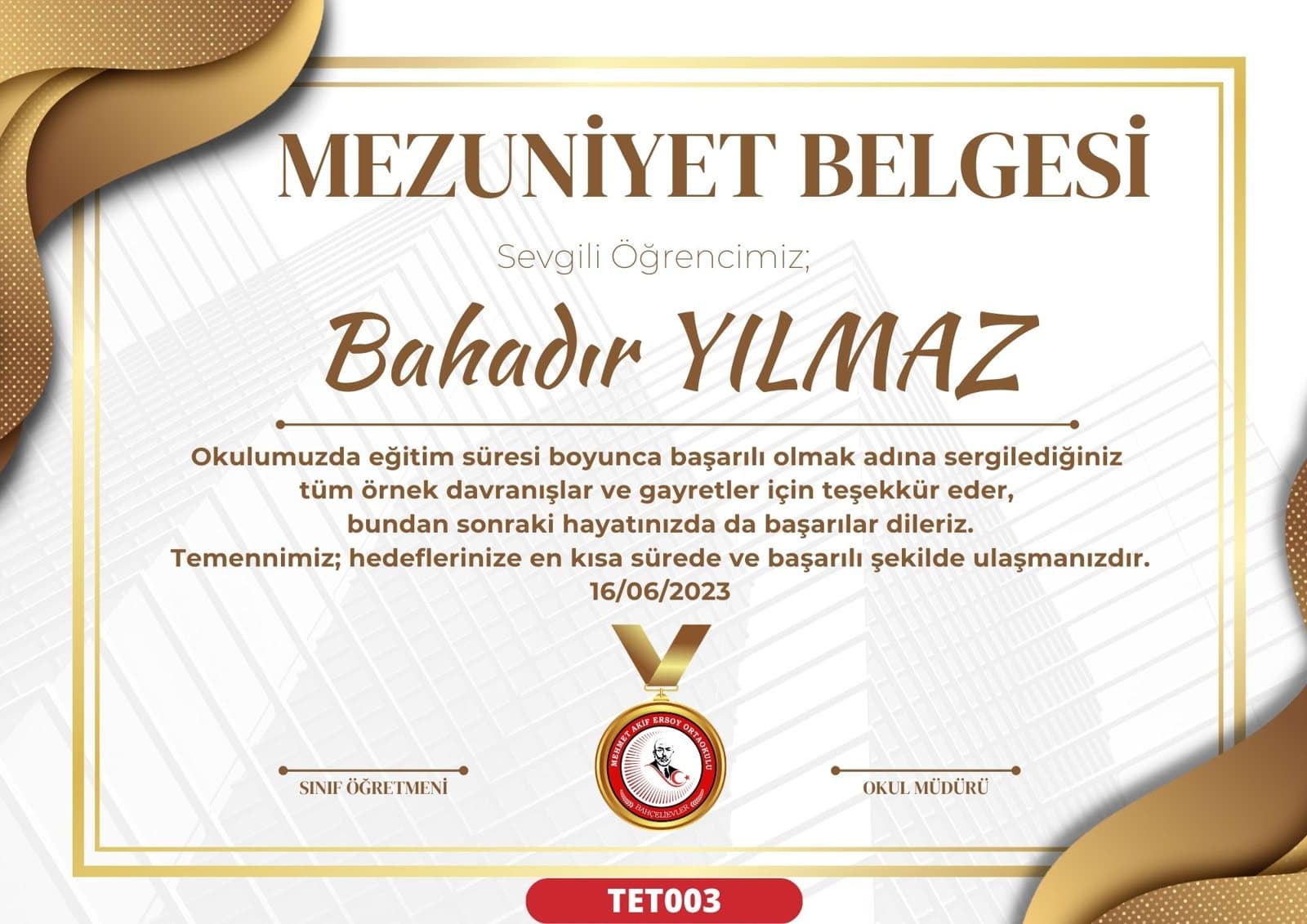 TET003 Altın İpek mezuniyet sertifikası