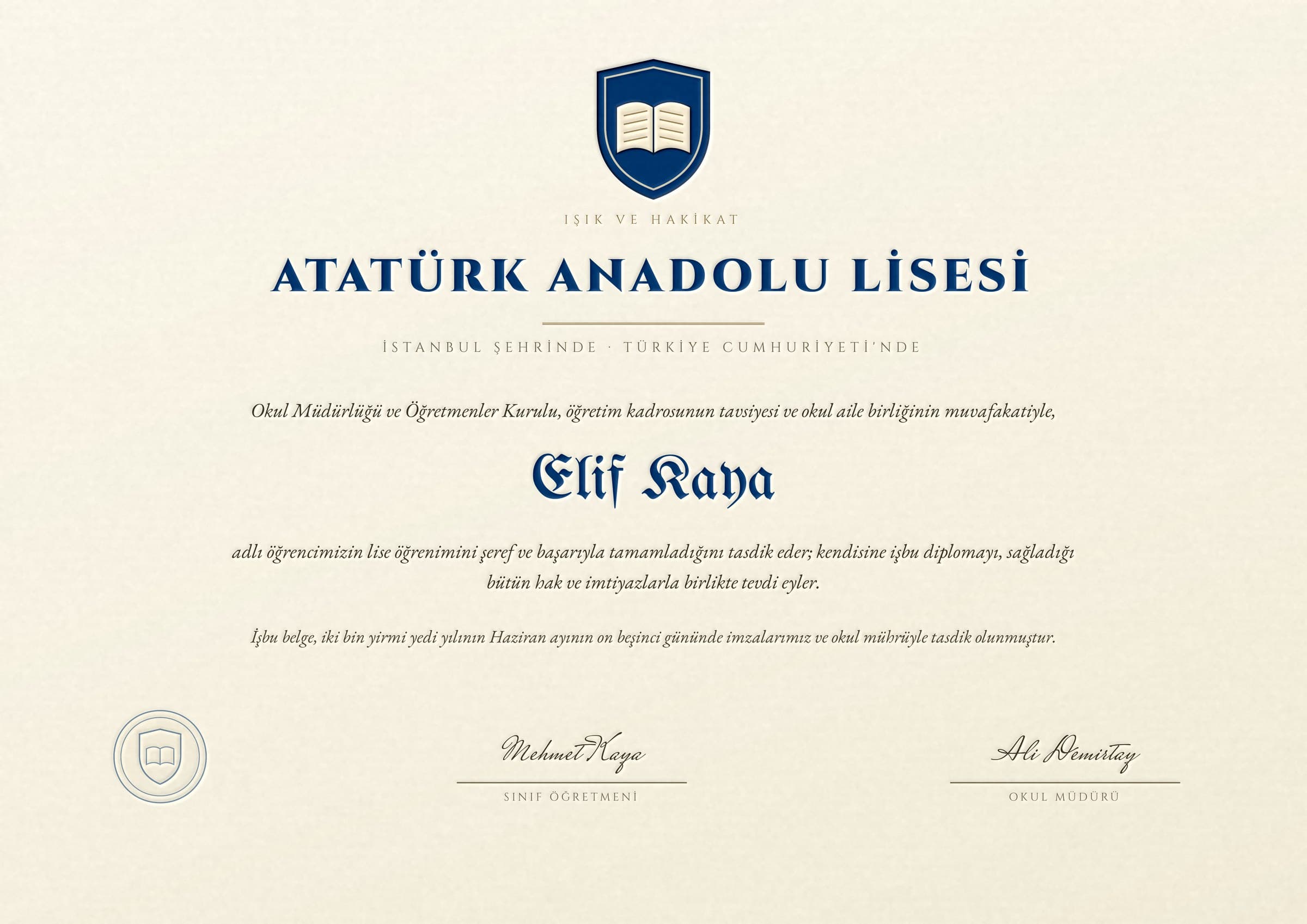 Sade Yale diploması — kabartma armalı gerçek baskı